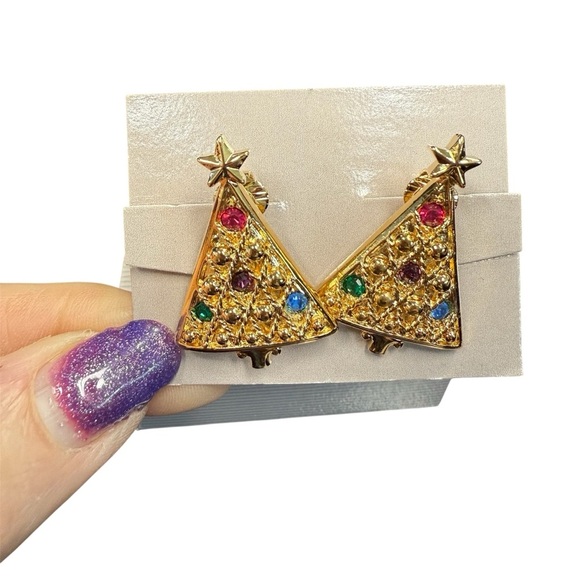 Avon Tree Dangle Goldtone Christmas tree clip Earrings NIB vintage 1992 - Picture 1 of 7
